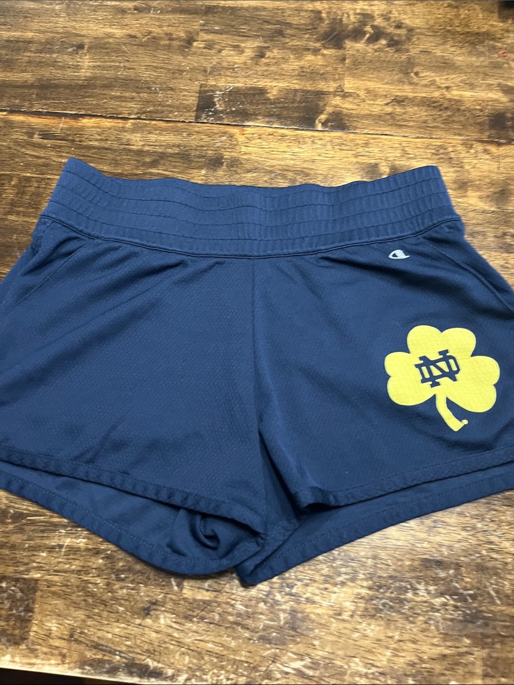 Champion Navy Athletic Shorts with Yellow Notre Dame Shamrock